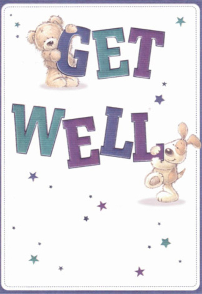Exuding gentle encouragement and playful happiness, this illustrated get well card conjures scenes familiar to Camberley-childhood afternoons in local parks, genuine smiles in bustling cafés, bouquets being prepared with quiet care. Dominating the design, oversized and confident letters in shades of purple and aqua ground two adorable companions: a friendly bear and a floppy-eared pup, who appear to almost dance amid twinkling starbursts scattered merrily throughout the card. The bear's fluffy texture and the puppy's velvety ears invite the imagination to reach out for a comforting cuddle, as if they might spring from the page and settle into your hands near the banks of the Basingstoke Canal. The white, light-filled background adds to the sense of cleanliness and renewal, while the whimsical composition is like a freshly made arrangement of blooms crafted for a swift pick-me-up delivery within Camberley. Sending this card alongside a floral bouquet would create a harmonious pairing-a radiant expression of heartfelt care that uplifts both young and old, capturing the spirit of togetherness and hope that defines our local community.