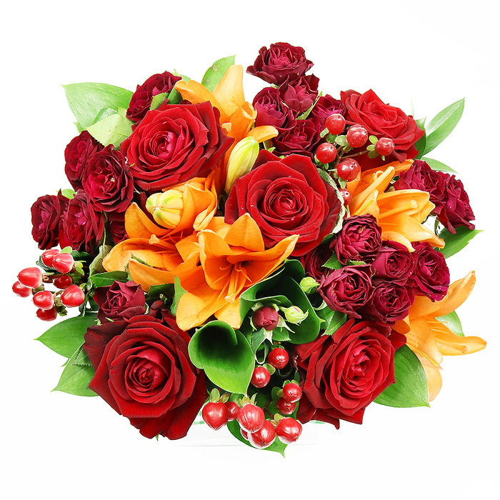 Captured from above on a pristine white surface, this luxurious floral composition feels deliberate and abundant: several large, fully opened deep-red roses form a sensuous focal point, their velvety petals layered and slightly cupped to reveal complex centers that speak of classic devotion. Nestled among them, vivid orange Asiatic lilies offer bold trumpet shapes-some flowers are fully splayed with stamens visible, others are in mid-unfurl, hinting at continued life and freshness. Small, dark red spray roses fill negative spaces with tight, velveteen clusters that add depth and a jewel-like density to the palette, while glossy hypericum berries appear intermittently, their spherical, ruby-red skins gleaming under soft, diffuse lighting and providing a playful, tactile counterpoint. Broad, deep-green leaves-reminiscent of ruscus or salal-emerge between blooms, their smooth surfaces and cool tones balancing the warm reds and oranges and lending the arrangement a planted, garden-fresh feeling. The overall texture is rich and varied: silk-like petals, satiny lily trumpets, tiny bead-like berries, and glossy foliage combine to create a bouquet that reads as both opulent and approachable. The smell would likely pair the deep honeyed rose notes with a crisp, almost citrusy lily brightness that lifts the composition into jubilant territory. Posed for an intimate editorial look, this bouquet makes an evocative gift for anniversaries, autumn celebrations, or a sophisticated table accent-an arrangement that could arrive at a Camberley High Street front door or be chosen to mark a special evening after a walk along the Blackwater Valley.
