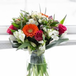A masterwork of floral artistry, this abundant bouquet celebrates the gentle transitions of colour and form, much like the scenic landscapes surrounding Camberley. Creamy-beige gerberas with warm peach tones encircle the arrangement, their soft petals offering a luminous contrast to the striking orange gerbera focal points that evoke early autumn sunsets over Camberley's parks. Deep magenta and fuchsia roses add a note of passion and romance, their petals tightly furled and rich with promise. Among these, clusters of white alstroemeria and small spray roses unfurl, introducing subtle texture and a flutter of brightness that mirrors the fresh blooms found in local flower markets. Broad, glossy leaves-likely aspidistra, their paddle shapes an emblem of shield and support-wrap around the base like protective arms cradling memories and wishes. Slender green foliage weaves through, adding sharp detail and fullness. The crystalline glass vase, tall and slender, grounds the arrangement, with its transparent sides revealing the stems' natural greens. Soft, even lighting bathes the flowers, reminiscent of peaceful mornings in Camberley, where gentle sunbeams filter into welcoming homes. There's an invigorating sense of fragrance implied, blending the sweet allure of rose with crisp greenery. Ideal for gathering friends, honouring milestones, or sending heartfelt thanks, this bouquet stands as a radiant testament to Camberley's unique charm and the dedicated hands of its local florists.