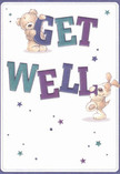 Bursts of playful optimism spring from this get well card, its cheerful illustration perfect for sending comfort to a neighbour in Camberley. Two charming characters-a teddy bear and a puppy-seem to tumble from the page, supporting colourful, bold letters that declare 'Get Well' with confidence. Deep indigo and teal shades energise the message, highlighted against a soft cream background that recalls the gentle morning light over Camberley Common. Sprinkled across the card, whimsical stars in varying tones of blue and purple add an extra touch of hope and magic, while the soft, tactile fur of bear and puppy radiate warmth and reassurance, encouraging a gentle embrace even from afar. Every detail suggests a local florist's careful hand-each element thoughtfully placed, like stems in a comfort bouquet being readied for speedy delivery to someone on Yorktown Road. This card offers not only a wish for recovery but a balm of kindness and genuine care, wrapping the recipient in the friendly spirit that makes Camberley special.